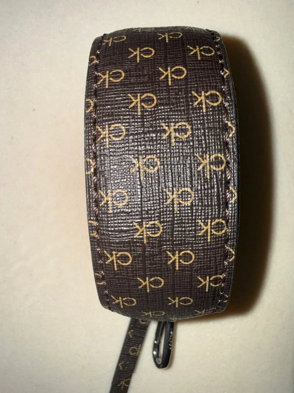 Calvin Klein Brown Logo Zip Key Pouch with Silver Hardware